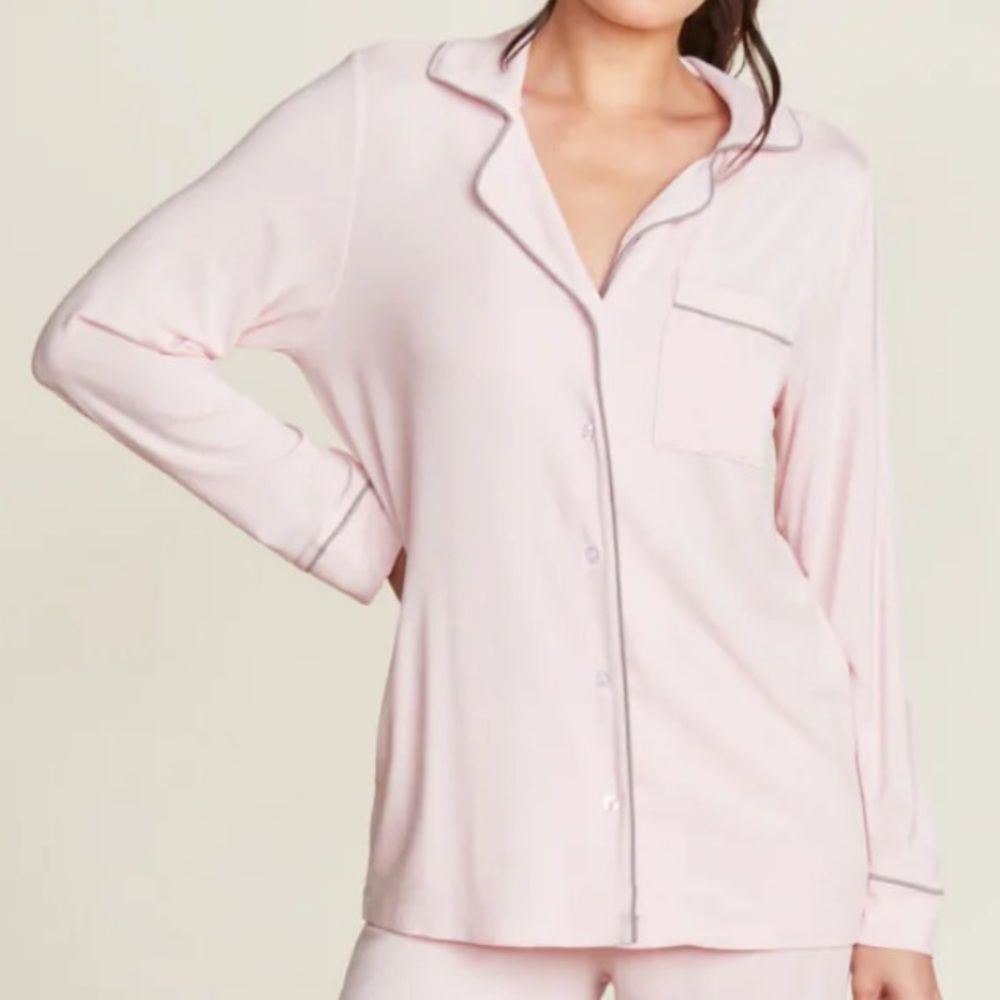 Barefoot Dreams Pale Pink Long Sleeve Pajama Top with Contrast Piping